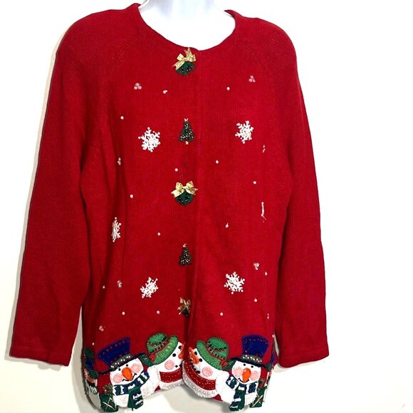 Tiara Sweaters - Vtg Women Ugly Christmas Sweater Cardigan Medium Beaded 3D‎ Snowman Embellished